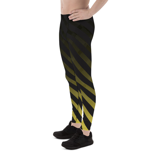 Black Diagonally Striped Meggings, Best Designer Yellow and Black Men's Leggings