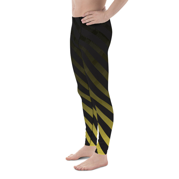 Black Diagonally Striped Meggings, Best Designer Yellow and Black Men's Leggings