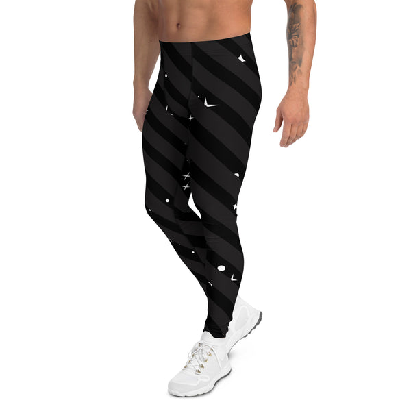 Black Diagonal Striped Meggings, Starry Print Men's Leggings