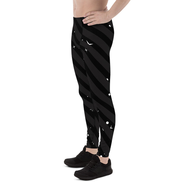 Black Diagonal Striped Meggings, Starry Print Men's Leggings