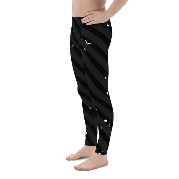 Black Diagonal Striped Meggings, Starry Print Men's Leggings