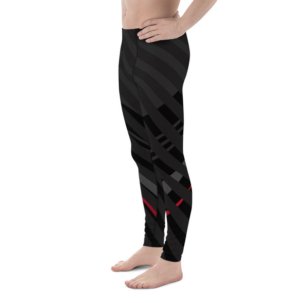 Black Red Striped Meggings, Diagonally Stripes Men's Leggings Running Compression Tights For Men - Made in USA/EU/MX