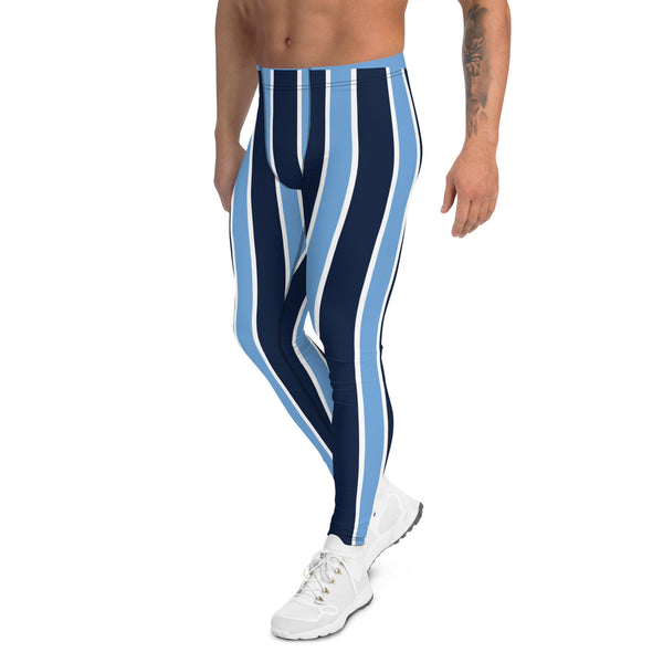 Blue Striped Best Meggings, Vertical Stripes Designer Men's Leggings