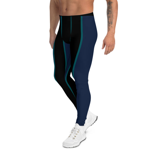 Black Blue Striped Meggings, Best Premium Vertical Striped Men's Leggings