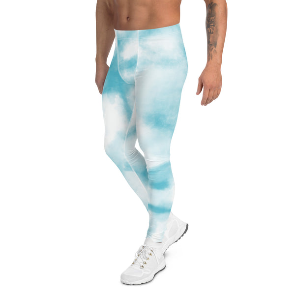 Abstract Tie Dye Men's Leggings, White and Blue Abstract Designer Print Sexy Meggings Men's Workout Gym Tights Leggings, Men's Compression Tights Pants - Made in USA/ EU/ MX (US Size: XS-3XL)&nbsp;