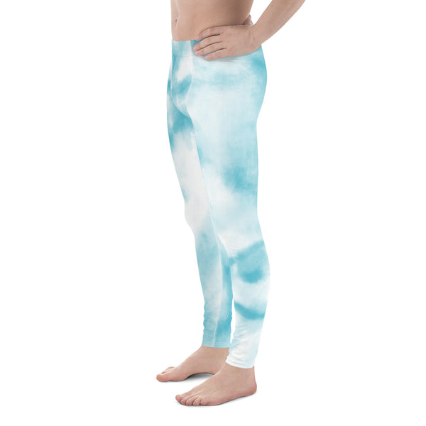 Blue Tie Dye Meggings, Designer Abstract Pastel Men's Leggings Compression Tights For Men - Made in USA/EU/MX