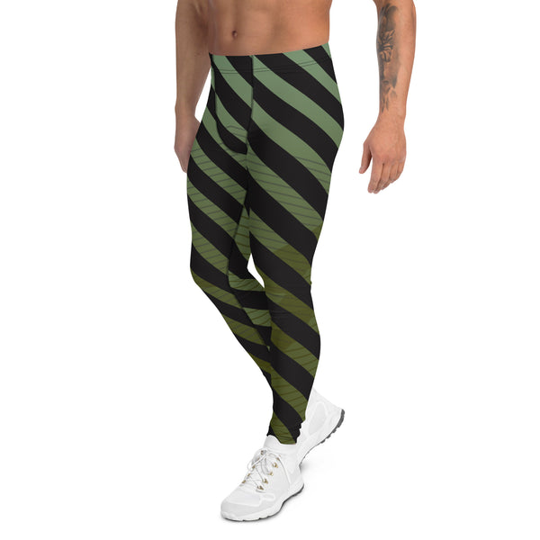 Green Black Diagonally Striped Meggings, Best Men's Leggings