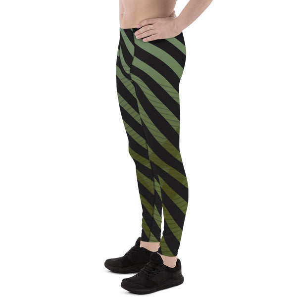 Green Black Diagonally Striped Meggings, Best Men's Leggings