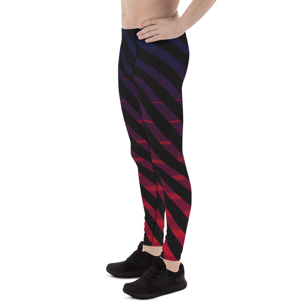 Blue Pink Diagonally Striped Meggings, Best Black Stripes Men's Leggings