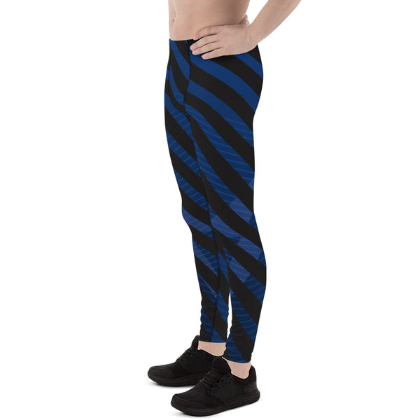 Blue Black Diagonally Striped Meggings, Best Men's Leggings