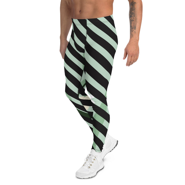 Diagonal Striped Black Green Meggings, Green Floral Print Meggings, Black Diagonal StripedFloral Print Abstract Designer Print Sexy Meggings Men's Workout Gym Tights Leggings, Men's Compression Tights Pants - Made in USA/ EU/ MX (US Size: XS-3XL)&nbsp;