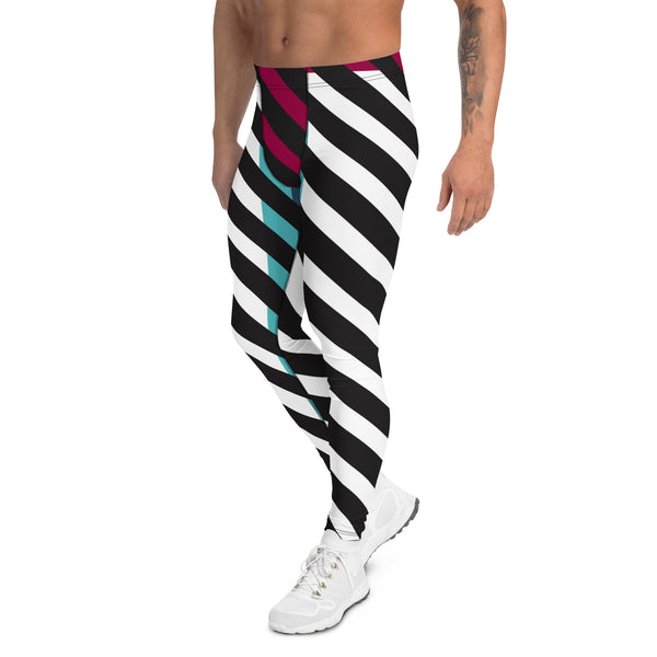 Black Diagonally Striped Meggings, Pink Blue Color Block Men's Leggings