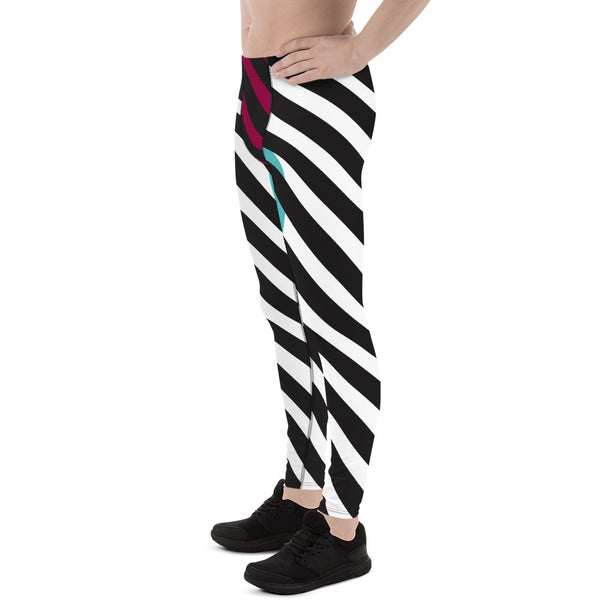 Black Diagonally Striped Meggings, Pink Blue Color Block Men's Leggings