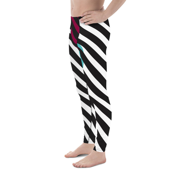 Black Diagonally Striped Meggings, Pink Blue Color Block Men's Leggings