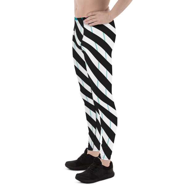 Blue Striped Meggings, Black Diagonally Stripeds Men's Leggings