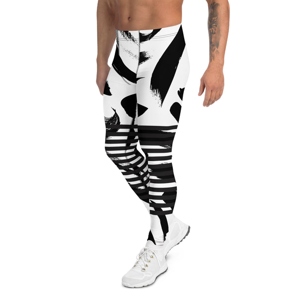 Black Abstract Dotted&nbsp; Men's Leggings, Black Striped White and Black Abstract Designer Print Sexy Meggings Men's Workout Gym Tights Leggings, Men's Compression Tights Pants - Made in USA/ EU/ MX (US Size: XS-3XL)&nbsp;