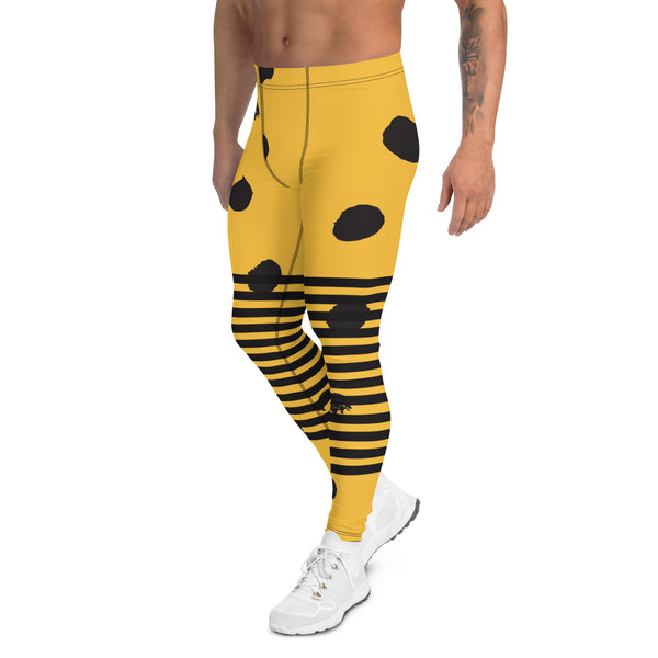 Yellow Abstract Dotted&nbsp; Men's Leggings, Black Striped Yellow and Black Abstract Designer Print Sexy Meggings Men's Workout Gym Tights Leggings, Men's Compression Tights Pants - Made in USA/ EU/ MX (US Size: XS-3XL)&nbsp;