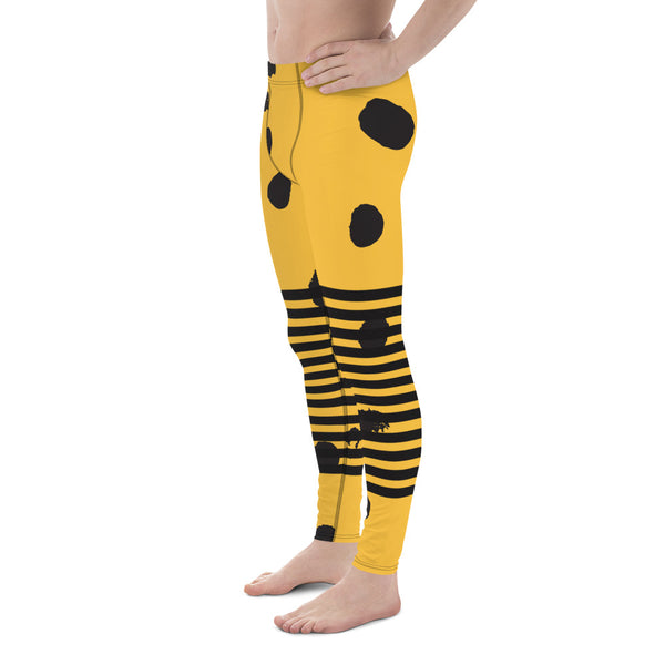 Yellow Abstract Dotted&nbsp; Men's Leggings, Black Striped Yellow and Black Abstract Designer Print Sexy Meggings Men's Workout Gym Tights Leggings, Men's Compression Tights Pants - Made in USA/ EU/ MX (US Size: XS-3XL)&nbsp;