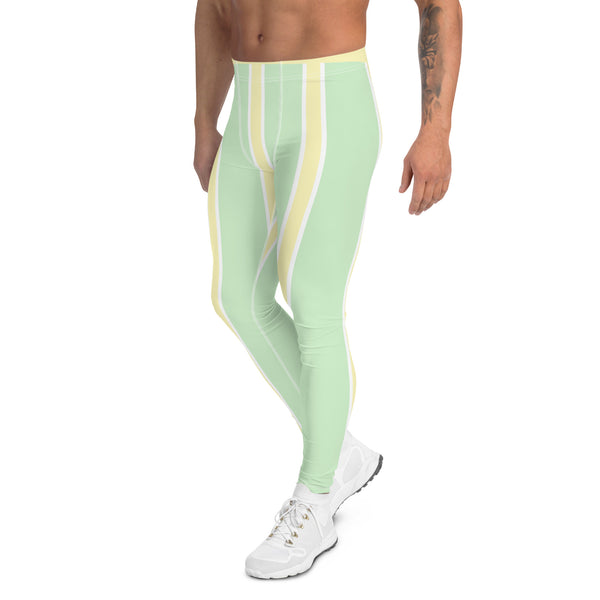 Green Yellow Pastel Color Meggings, Vertical Striped Men's Leggings