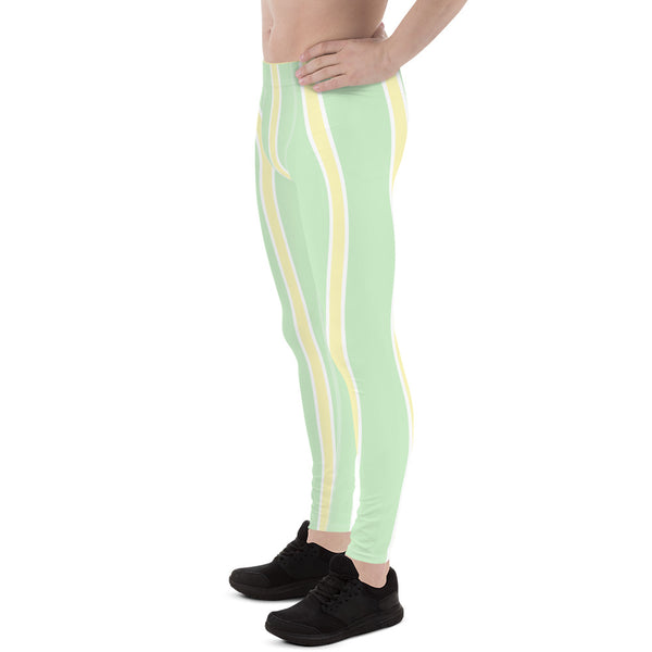 Green Yellow Pastel Color Meggings, Vertical Striped Men's Leggings