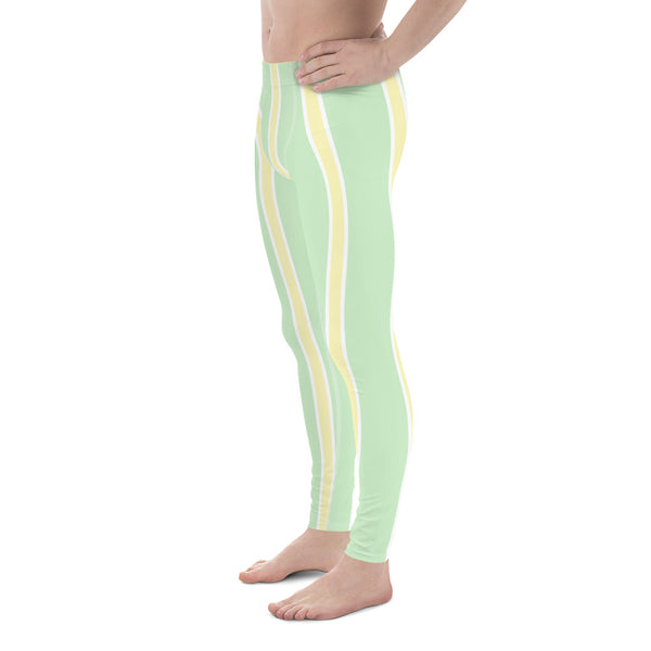 Green Yellow Pastel Color Meggings, Vertical Striped Men's Leggings