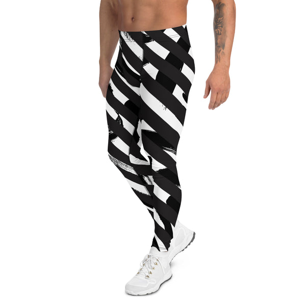 White Abstract Striped Men's Leggings, Black Striped White and Black Abstract Designer Print Sexy Meggings Men's Workout Gym Tights Leggings, Men's Compression Tights Pants - Made in USA/ EU/ MX (US Size: XS-3XL)&nbsp;