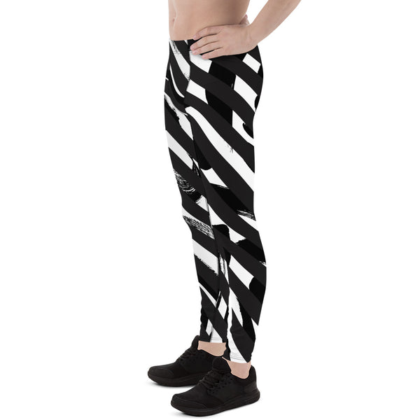 White Abstract Striped Men's Leggings, Black Striped White and Black Abstract Designer Print Sexy Meggings Men's Workout Gym Tights Leggings, Men's Compression Tights Pants - Made in USA/ EU/ MX (US Size: XS-3XL)&nbsp;