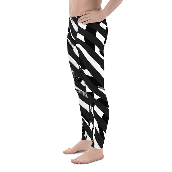 Black White Diagonally Striped Meggings, Best Chic Designer Abstract Men's Leggings For Men - Made in USA/EU/MX