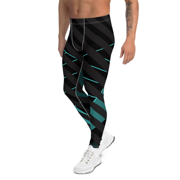 Black Blue Striped Meggings, Futuristic Best Men's Leggings