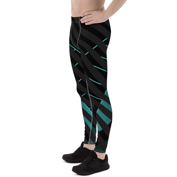 Black Blue Striped Meggings, Futuristic Best Men's Leggings