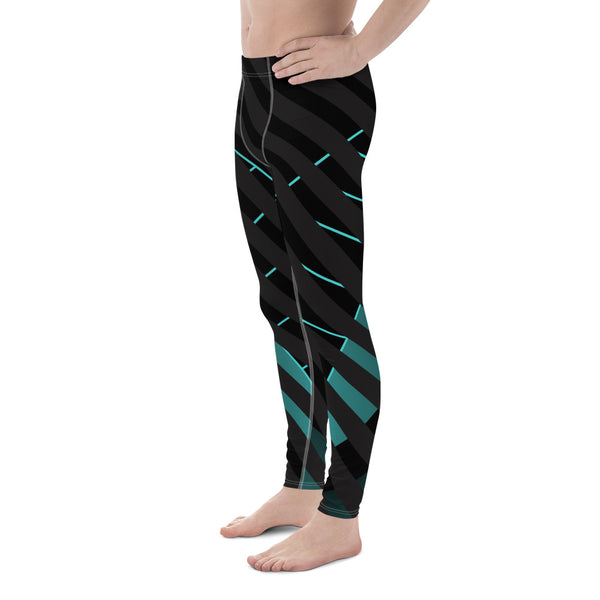 Black Blue Striped Meggings, Futuristic Best Men's Leggings