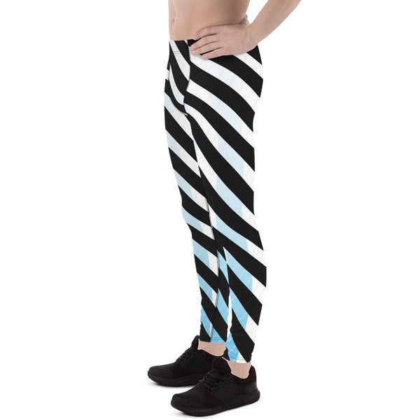 Black Blue Striped Meggings, White Blue and Black Colorful Diagonal Striped Men's Leggings For Men - Made in USA/EU/MX