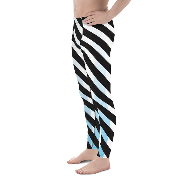 Black Blue Striped Meggings, White Blue and Black Colorful Diagonal Striped Men's Leggings For Men - Made in USA/EU/MX