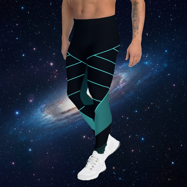 Black Blue Abstract Meggings, Futuristic Men's Leggings, Designer Running Compression Tights For Men - Made in USA/EU/MX