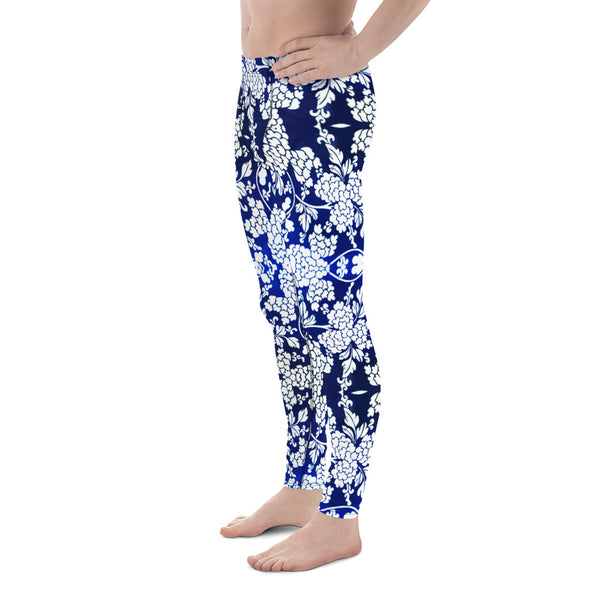 Floral Pattern Best Men's Leggings, Best White and Blue Oriental Style Floral Print Abstract Designer Print Sexy Meggings Men's Workout Gym Tights Leggings, Men's Compression Tights Pants - Made in USA/ EU/ MX (US Size: XS-3XL)&nbsp;