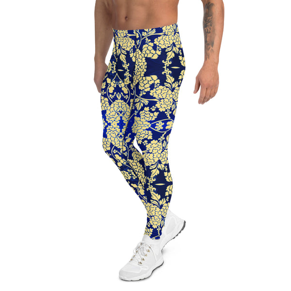 Floral Pattern Best Men's Leggings, Best White and Light Yellow Oriental Style Floral Print Abstract Designer Print Sexy Meggings Men's Workout Gym Tights Leggings, Men's Compression Tights Pants - Made in USA/ EU/ MX (US Size: XS-3XL)&nbsp;