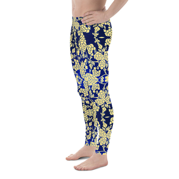 Floral Pattern Best Men's Leggings, Best White and Light Yellow Oriental Style Floral Print Abstract Designer Print Sexy Meggings Men's Workout Gym Tights Leggings, Men's Compression Tights Pants - Made in USA/ EU/ MX (US Size: XS-3XL)&nbsp;