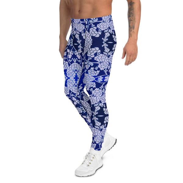 Floral Pattern Best Men's Leggings, Best Pastel Purple and Blue Oriental Style Floral Print Abstract Designer Print Sexy Meggings Men's Workout Gym Tights Leggings, Men's Compression Tights Pants - Made in USA/ EU/ MX (US Size: XS-3XL)&nbsp;