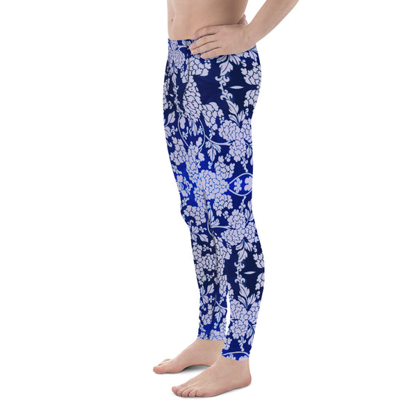 Floral Pattern Best Men's Leggings, Best Pastel Purple and Blue Oriental Style Floral Print Abstract Designer Print Sexy Meggings Men's Workout Gym Tights Leggings, Men's Compression Tights Pants - Made in USA/ EU/ MX (US Size: XS-3XL)&nbsp;