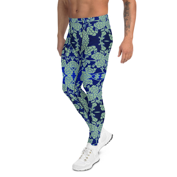 Floral Pattern Best Men's Leggings, Best Green and Blue Oriental Style Floral Print Abstract Designer Print Sexy Meggings Men's Workout Gym Tights Leggings, Men's Compression Tights Pants - Made in USA/ EU/ MX (US Size: XS-3XL)&nbsp;