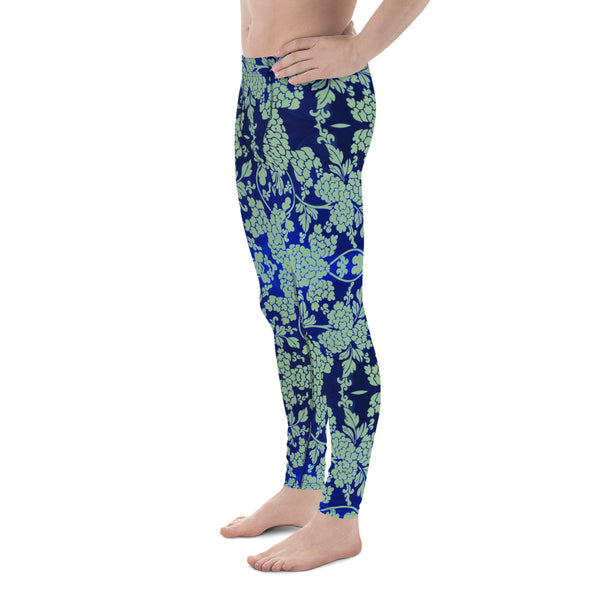 Floral Pattern Best Men's Leggings, Best Green and Blue Oriental Style Floral Print Abstract Designer Print Sexy Meggings Men's Workout Gym Tights Leggings, Men's Compression Tights Pants - Made in USA/ EU/ MX (US Size: XS-3XL)&nbsp;