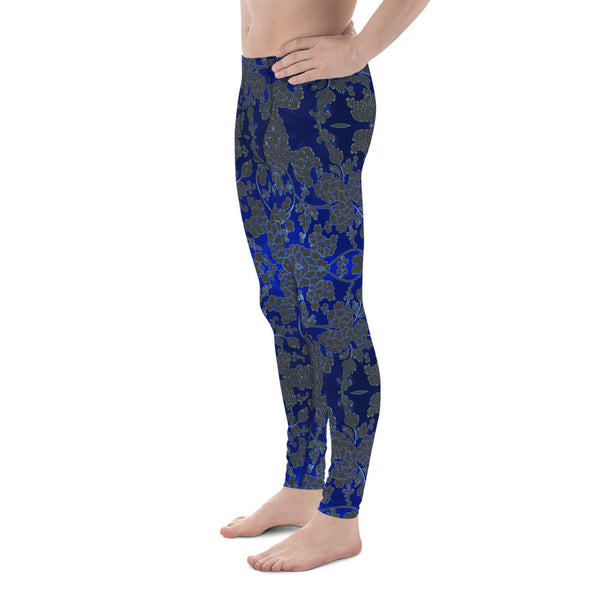 Floral Pattern Best Men's Leggings, Best Grey and Blue Oriental Style Floral Print Abstract Designer Print Sexy Meggings Men's Workout Gym Tights Leggings, Men's Compression Tights Pants - Made in USA/ EU/ MX (US Size: XS-3XL)&nbsp;