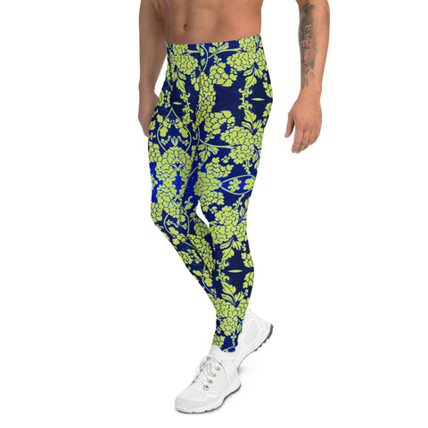 Floral Pattern Best Men's Leggings, Best Green and Blue Oriental Style Floral Print Abstract Designer Print Sexy Meggings Men's Workout Gym Tights Leggings, Men's Compression Tights Pants - Made in USA/ EU/ MX (US Size: XS-3XL)&nbsp;