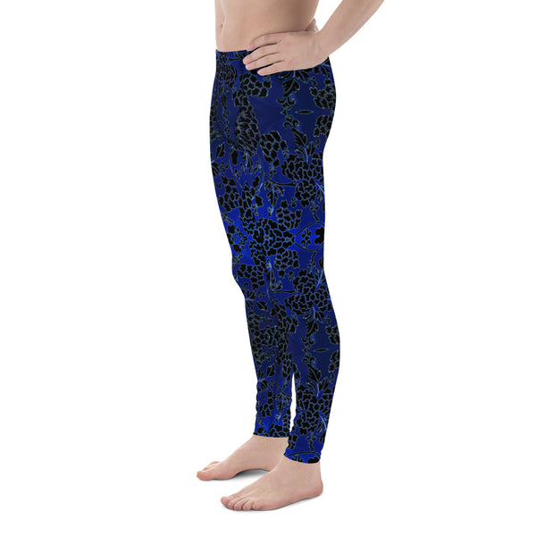 Floral Pattern Best Men's Leggings, Best Black and Blue Oriental Style Floral Print Abstract Designer Print Sexy Meggings Men's Workout Gym Tights Leggings, Men's Compression Tights Pants - Made in USA/ EU/ MX (US Size: XS-3XL)&nbsp;