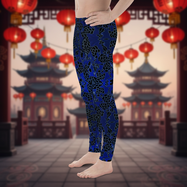 Black Blue Floral Men's Leggings, Best Blue and Black Oriental Style Floral Print Meggings Compression Tights - Made in USA/EU/MX