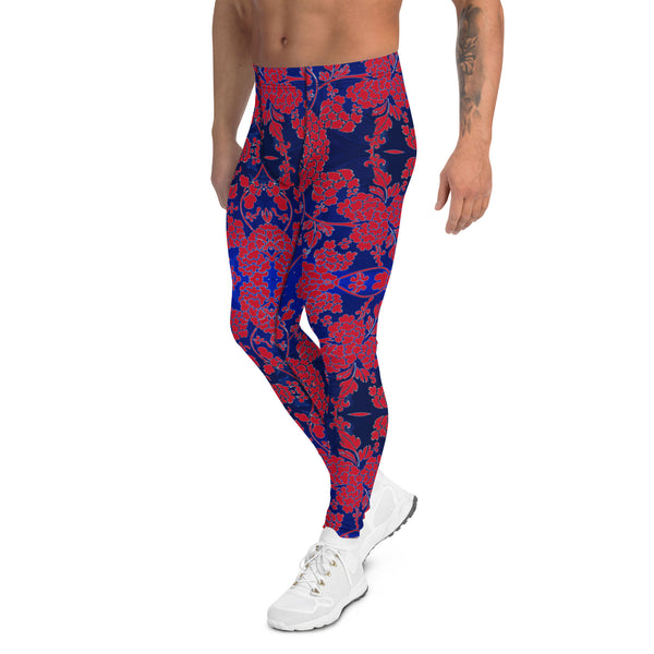 Floral Pattern Best Men's Leggings, Best Red and Blue Oriental Style Floral Print Abstract Designer Print Sexy Meggings Men's Workout Gym Tights Leggings, Men's Compression Tights Pants - Made in USA/ EU/ MX (US Size: XS-3XL)&nbsp;