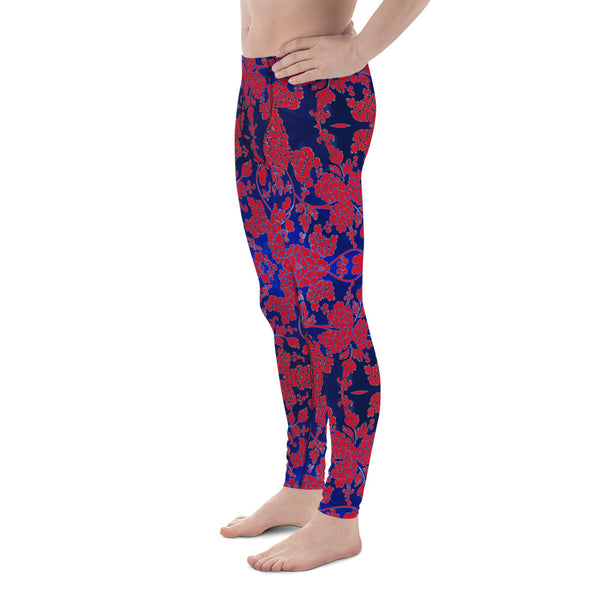 Floral Pattern Best Men's Leggings, Best Red and Blue Oriental Style Floral Print Abstract Designer Print Sexy Meggings Men's Workout Gym Tights Leggings, Men's Compression Tights Pants - Made in USA/ EU/ MX (US Size: XS-3XL)&nbsp;