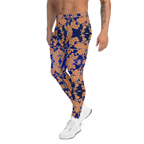 Floral Pattern Best Men's Leggings, Best Orange and Blue Oriental Style Floral Print Abstract Designer Print Sexy Meggings Men's Workout Gym Tights Leggings, Men's Compression Tights Pants - Made in USA/ EU/ MX (US Size: XS-3XL)&nbsp;