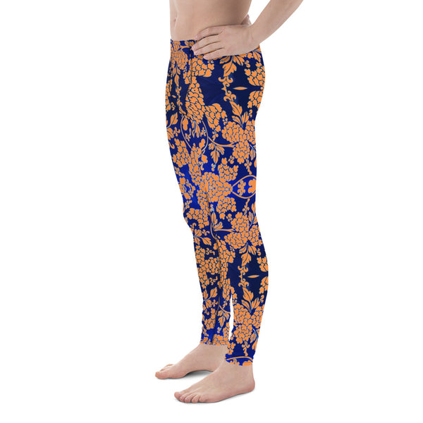 Floral Pattern Best Men's Leggings, Best Orange and Blue Oriental Style Floral Print Abstract Designer Print Sexy Meggings Men's Workout Gym Tights Leggings, Men's Compression Tights Pants - Made in USA/ EU/ MX (US Size: XS-3XL)&nbsp;