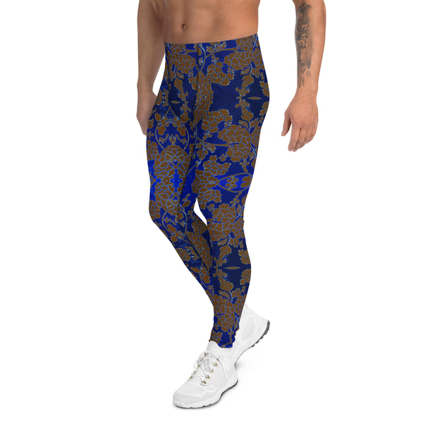 Floral Pattern Best Men's Leggings, Best Brown and Blue Oriental Style Floral Print Abstract Designer Print Sexy Meggings Men's Workout Gym Tights Leggings, Men's Compression Tights Pants - Made in USA/ EU/ MX (US Size: XS-3XL)&nbsp;